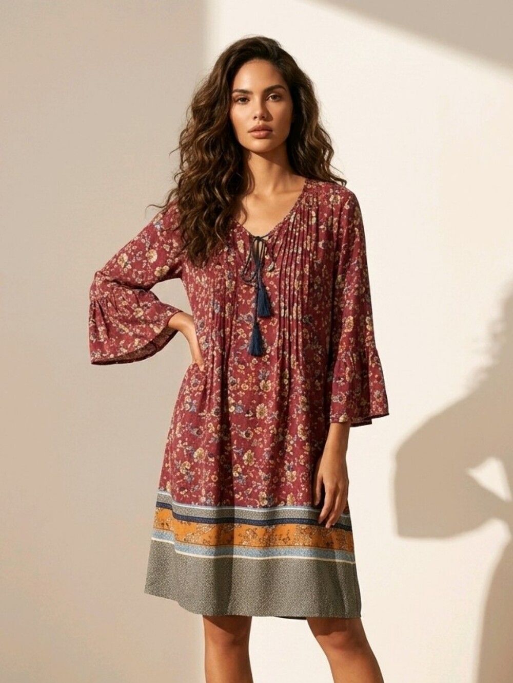 Skies Are Blue Boho Paisley Bell Sleeve Shift Dress Burgundy Long Sleeve Medium